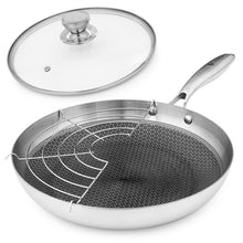 Load image into Gallery viewer, Cyraeon Stainless Steel Frying Pan with Non-Stick Honeycomb Coating, Glass Lid and Rack, 26CM.
