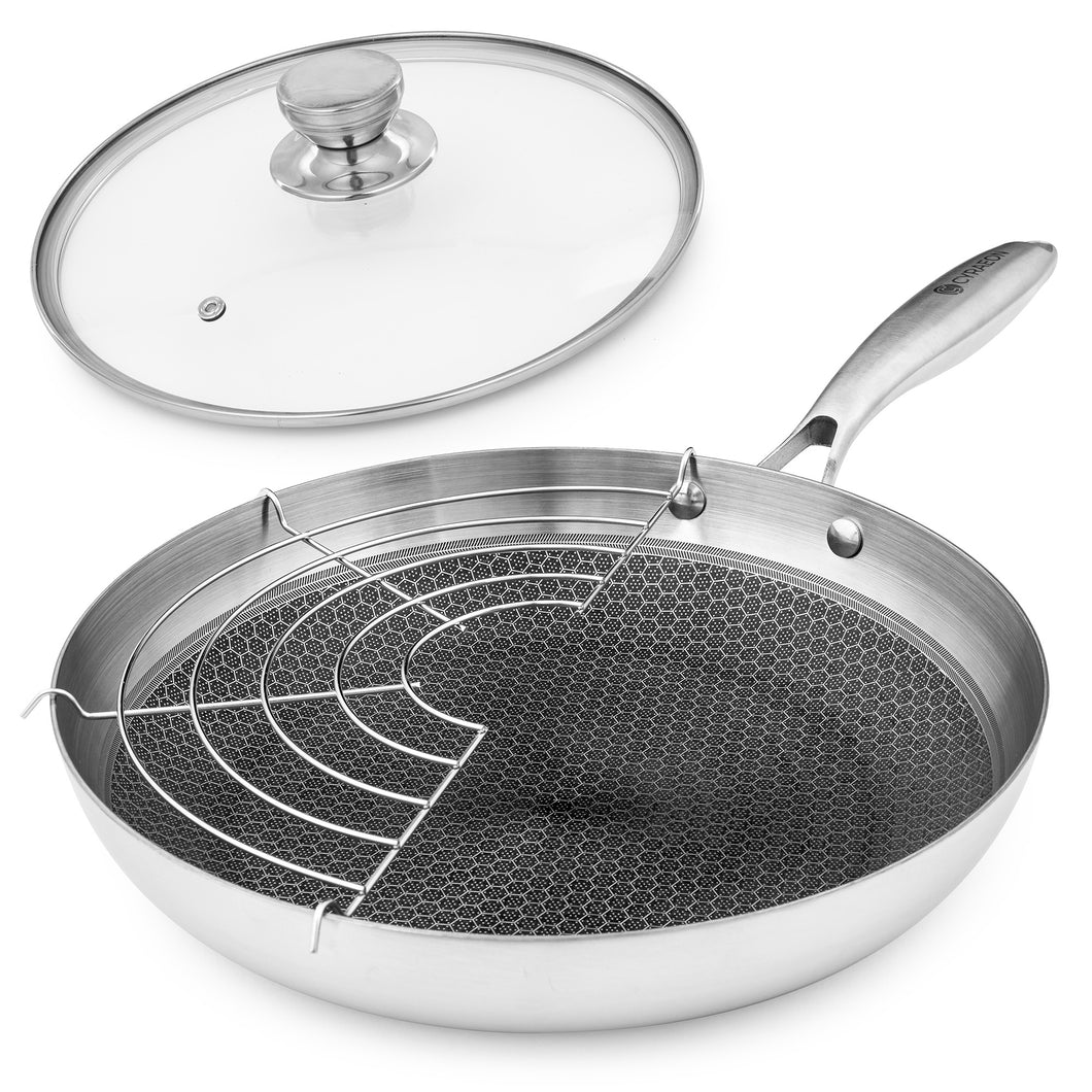 Cyraeon Stainless Steel Frying Pan with Non-Stick Honeycomb Coating, Glass Lid and Rack, 26CM.