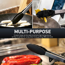 Load image into Gallery viewer, Cyraeon Kitchen Tongs – BPA-Free Silicone Tips, Lock Clip, Feet for Mess-Free Cooking, 9 &amp; 12 Inches.
