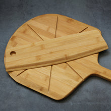 Load image into Gallery viewer, 12&quot; Double Sided Bamboo Pizza Cutting Board with Bamboo Pizza Cutter
