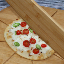 Load image into Gallery viewer, 12&quot; Double Sided Bamboo Pizza Cutting Board with Bamboo Pizza Cutter
