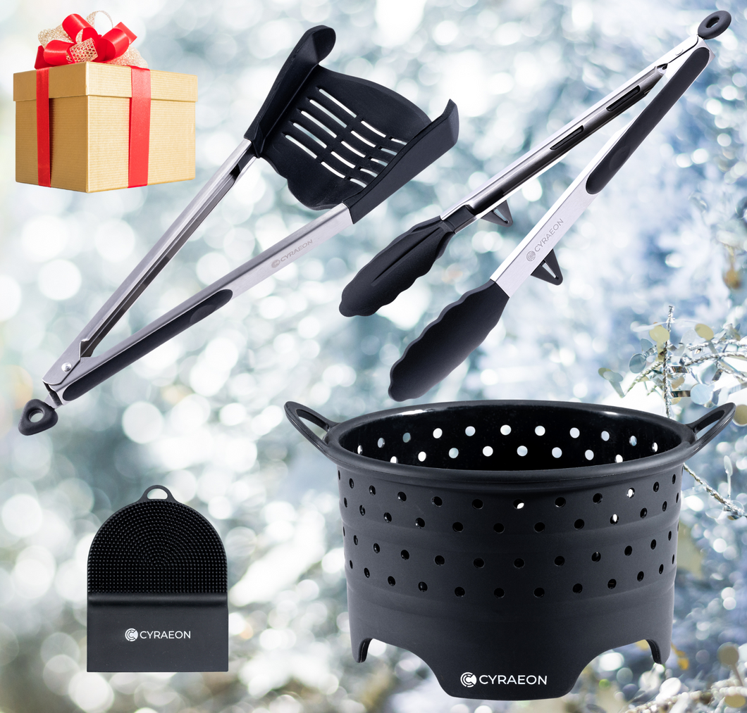 Kitchen Christmas Gift Set - Kitchen Tongs & Spatula, Silicone Steamer Basket and Kitchen Brush